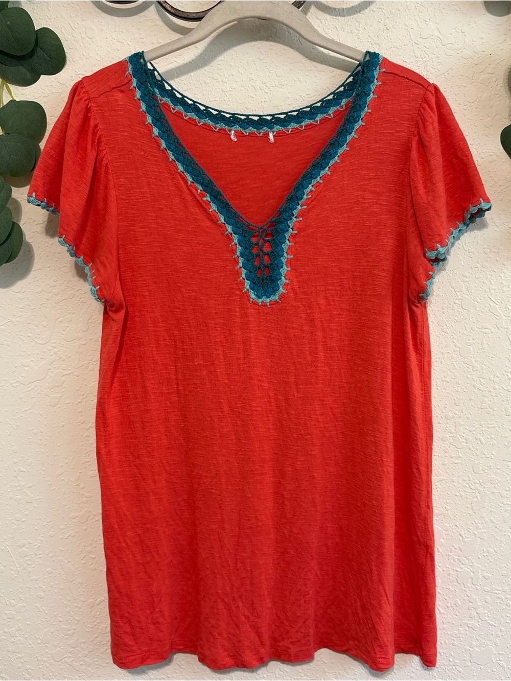 Boho Coral Orange and Teal Crochet Trim Top✨
